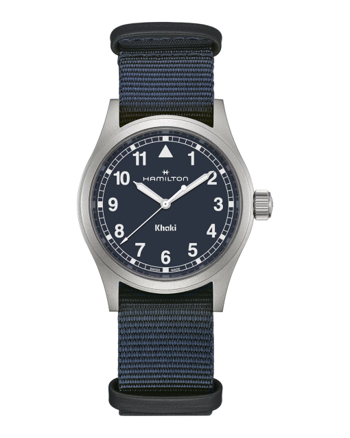 Produktbilde av Hamilton Khaki Field Quartz 38mm med blå urskive på tekstilrem. Ref. H69401940.
