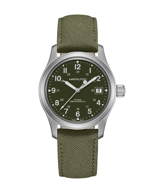 Produktbilde av Hamilton Khaki Field Mechanical 38MM med grønn urskive på grønn tekstilrem. Ref. H69439363.