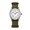 Produktbilde av Hamilton Khaki Field Mechanical 38MM med hvit urskive på grønn tekstilrem. Ref. H69439411.
