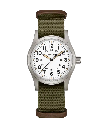 Produktbilde av Hamilton Khaki Field Mechanical 38MM med hvit urskive på grønn tekstilrem. Ref. H69439411.