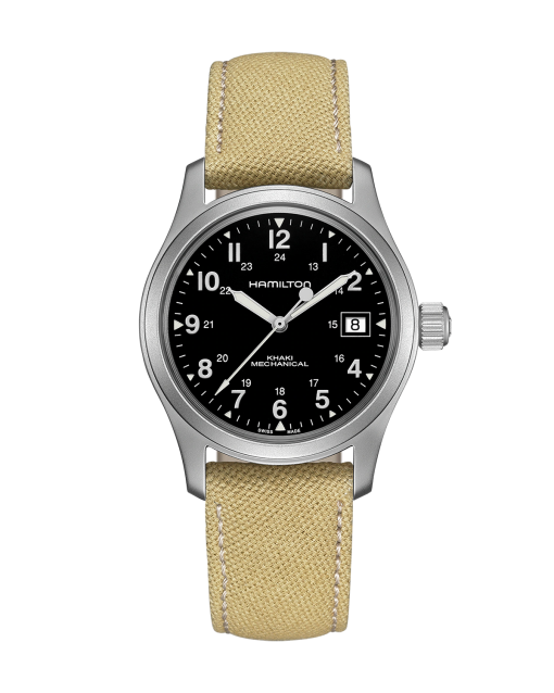 Produktbilde av Hamilton Khaki Field Mechanical 38MM med sort urskive på skinnrem. Ref. H69439933.