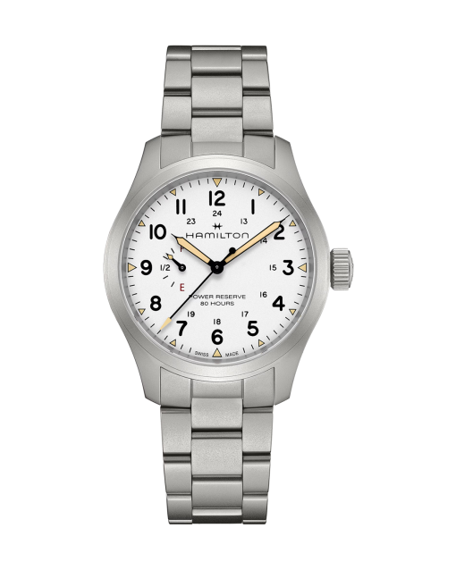 Produktbilde av Hamilton Khaki Field Mechanical Power Reserve 40mm med hvit urskive på stållenke. Ref. H69509110.