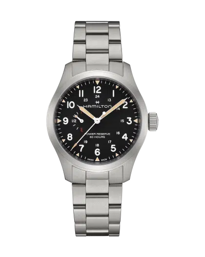 Produktbilde av Hamilton Khaki Field Mechanical Power Reserve 40mm med sort urskive på stållenke. Ref. H69509130.