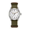 Produktbilde av Hamilton Khaki Field Mechanical Power Reserve 40mm med hvit urskive på grønn tekstilrem. Ref. H69509910.