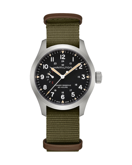 Produktbilde av Hamilton Khaki Field Mechanical Power Reserve 40mm med sort urskive på grønn tekstilrem. Ref. H69509930.