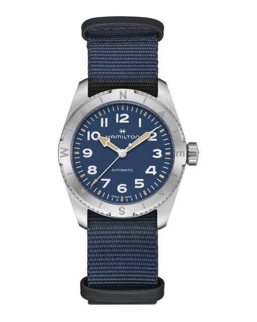 Produktbilde av Hamilton Khaki Field Expedition Auto 37mm med blå urskive på tekstilrem. Ref. H70225940.