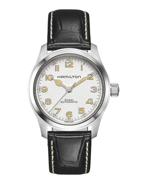 Produktbilde av Hamilton Khaki Field Murph 38mm med hvit urskive på skinnrem. Ref. H70405710.