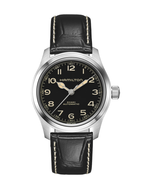 Produktbilde av Hamilton Khaki Field Murph 38MM med sort urskive på sort skinnrem. Ref. H70405730.