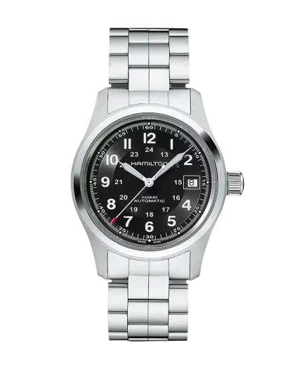 Produktbilde av Hamilton Khaki Field Auto 38MM med sort urskive på stållenke. Ref. H70455133.