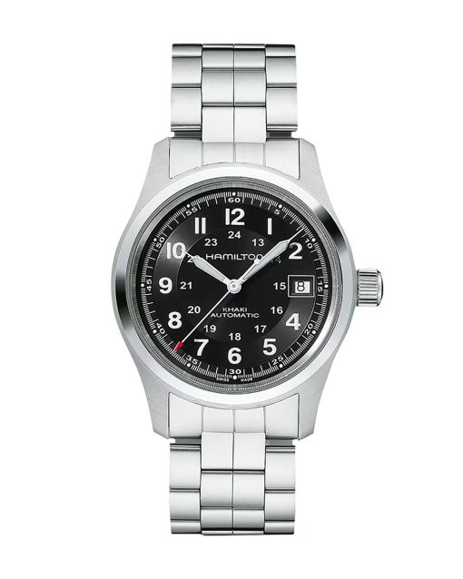 Produktbilde av Hamilton Khaki Field Auto 38MM med sort urskive på stållenke. Ref. H70455133.