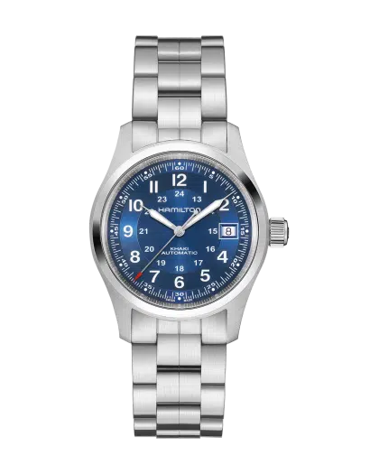 Produktbilde av Hamilton Khaki Field Auto 38mm med blå urskive på stållenke. Ref. H70455140.