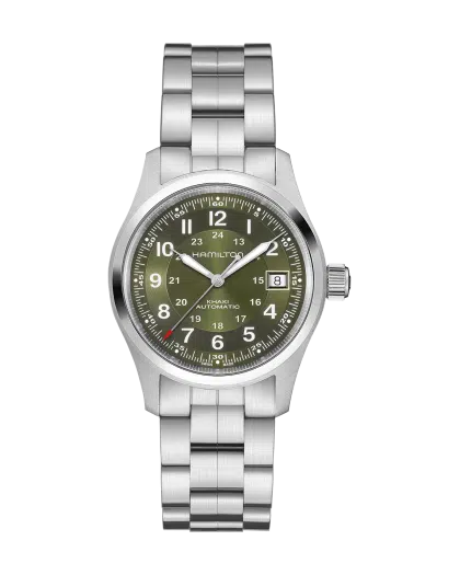 Produktbilde av Hamilton Khaki Field Auto 38mm med grønn urskive på stållenke. Ref. H70455160.