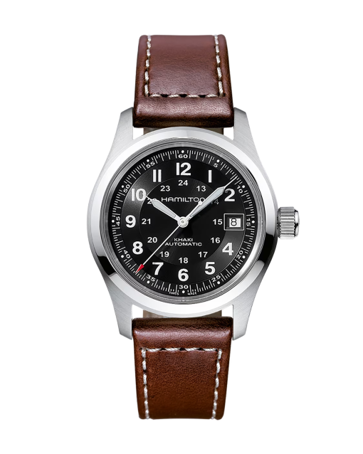 Produktbilde av Hamilton Khaki Field Auto 38MM med sort urskive på brun skinnrem. Ref. H70455533.