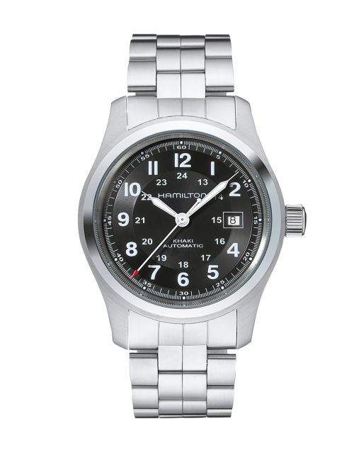 Produktbilde av Hamilton Khaki Field Auto 42MM med sort urskive på stållenke. Ref. H70515137.
