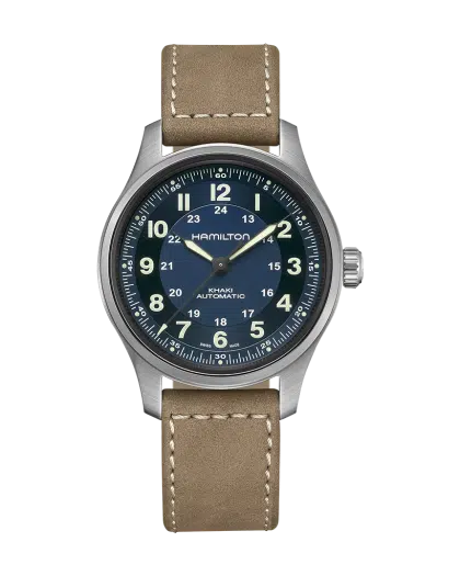 Produktbilde av Hamilton Khaki Field Titanium Auto 42mm med blå urskive på skinnrem. Ref. H70545540.