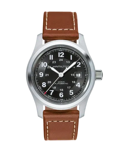 Produktbilde av Hamilton Khaki Field Auto 42MM med sort urskive på brun skinnrem. Ref. H70555533.