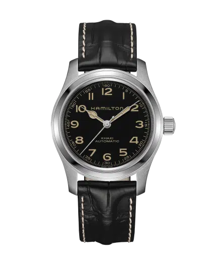 Produktbilde av Hamilton Khaki Field Murph 42MM med sort urskive på skinnrem. Ref. H70605731.