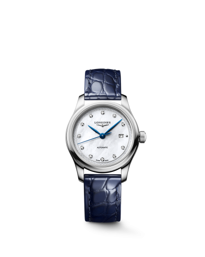 Longines Master Collection 30mm Ref. L2.449.4.87.2. Perlemor, diamanter, blå skinnrem.