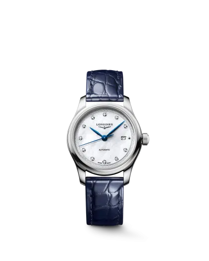 Longines Master Collection 30mm Ref. L2.449.4.87.2. Perlemor, diamanter, blå skinnrem.