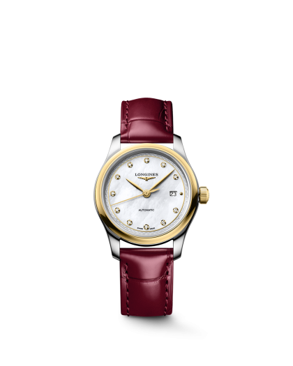 Longines Master Collection 30mm Ref. L2.449.5.87.2. Gull bezel, Perlemor, Diamanter, rød skinnrem.
