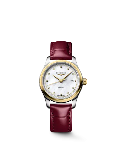 Longines Master Collection 30mm Ref. L2.449.5.87.2. Gull bezel, Perlemor, Diamanter, rød skinnrem.