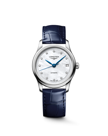 Longines Master Collection 34mm Ref. L2.450.4.87.2. Diamanter, Perlemor, Blå skinnrem.