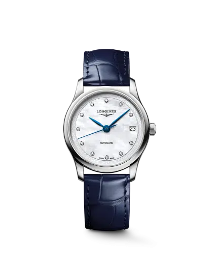 Longines Master Collection 34mm Ref. L2.450.4.87.2. Diamanter, Perlemor, Blå skinnrem.