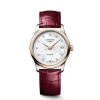 Longines Master Collection 34mm Ref. L2.450.5.89.2. Gold bezel, Mother of pearl, Diamonds, red strap.