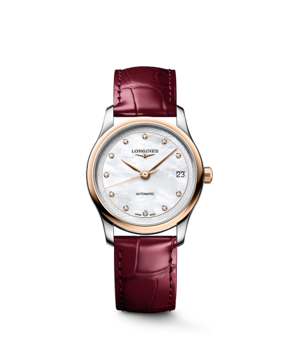 Longines Master Collection 34mm Ref. L2.450.5.89.2. Gold bezel, Mother of pearl, Diamonds, red strap.
