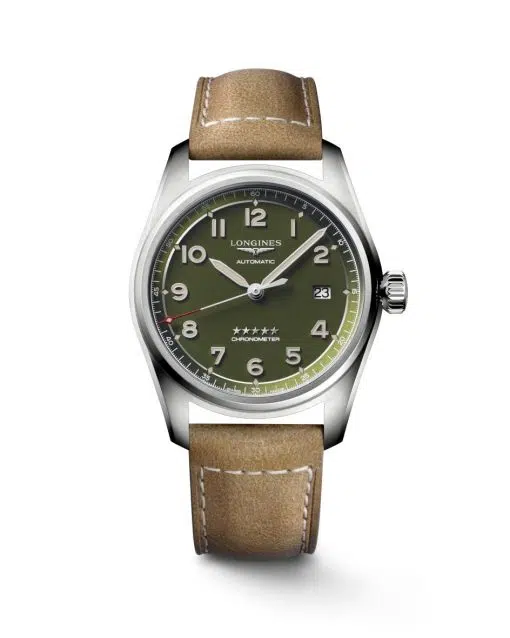 Produktbilde av Longines Spirit 40mm med grønn urskive og brun skinnrem. Ref. L3.810.4.03.2.