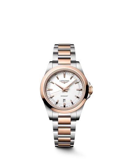 Longines Conquest Quartz 30mm Ref. L3.350.3.18.7. White dial on two-tone steel.