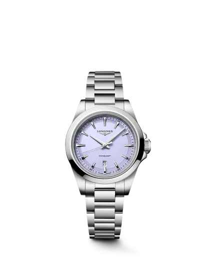 Longines Conquest Quartz 30mm Ref. L3.350.4.02.6. Lavender dial on steel.