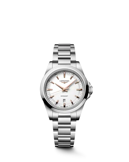 Longines Conquest Quartz 30mm Ref. L3.350.4.18.6. White dial on steel.
