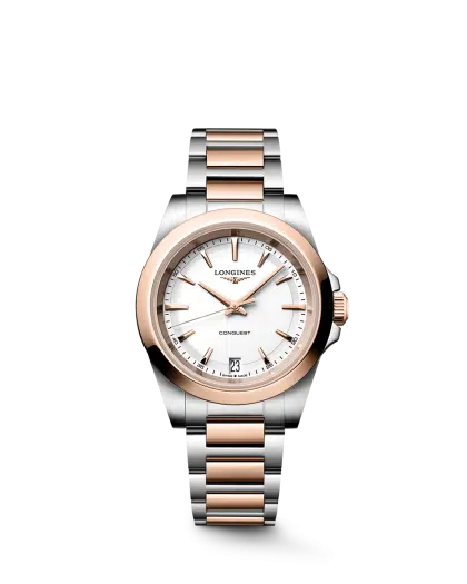 Longines Conquest Quartz 34mm Ref. L3.460.3.18.7. White dial on two-tone steel.