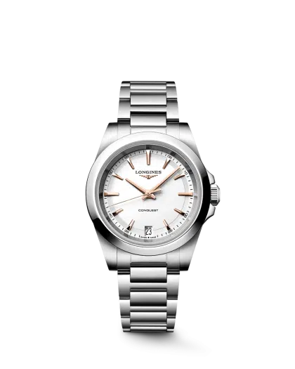 Longines Conquest Quartz 34mm Ref. L3.460.4.18.6. White dial on steel.