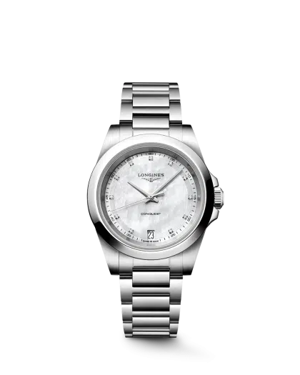 Longines Conquest Quartz 34mm Ref. L3.460.4.87.6. Perlemorskive med diamanter.