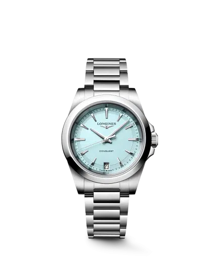 Longines Conquest Quartz 34mm Ref. L3.460.4.92.6. Mint blue dial on steel.