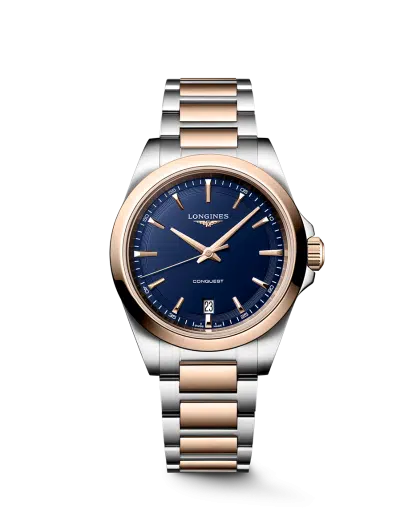 Longines Conquest Quartz 38mm Ref. L3.750.3.98.7. Blue dial on two-tone steel.