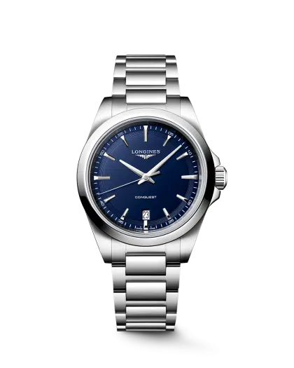Longines Conquest Quartz 38mm Ref. L3.750.4.92.6. Blue dial on steel.