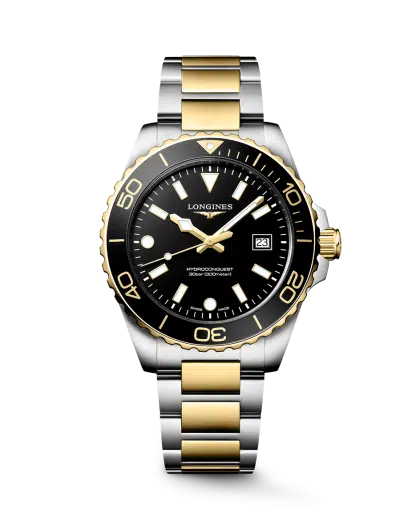 Longines HydroConquest Quartz 42mm Ref. L3.769.3.56.7. Black dial on Two-tone steel.