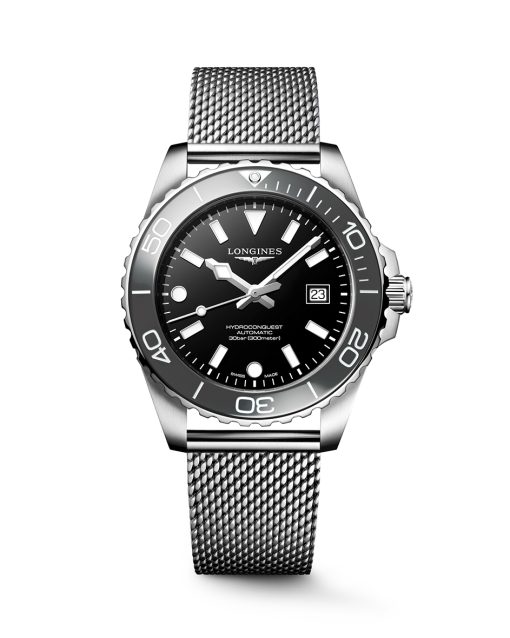 Longines HydroConquest 42MM, Sort tallskive, grå bezel, milanese lenke - L3.788.4.70.6