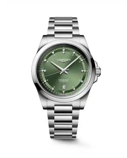 Produktbilde av Longines Conquest 41mm med grønn urskive på stållenke. Ref. L3.830.4.07.6.