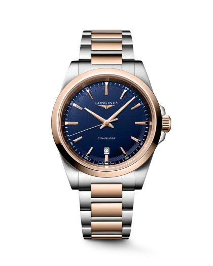 Longines Conquest Quartz 41mm Ref. L3.860.3.98.7. Blue dial on two-tone steel.