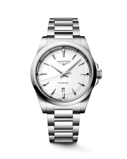 Longines Conquest Quartz 41mm Ref. L3.860.4.12.6. White dial on steel.