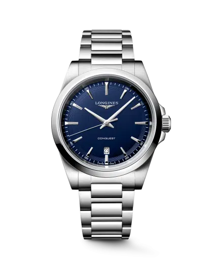 Longines Conquest Quartz 41mm Ref. L3.860.4.92.6. Blue dial on steel.