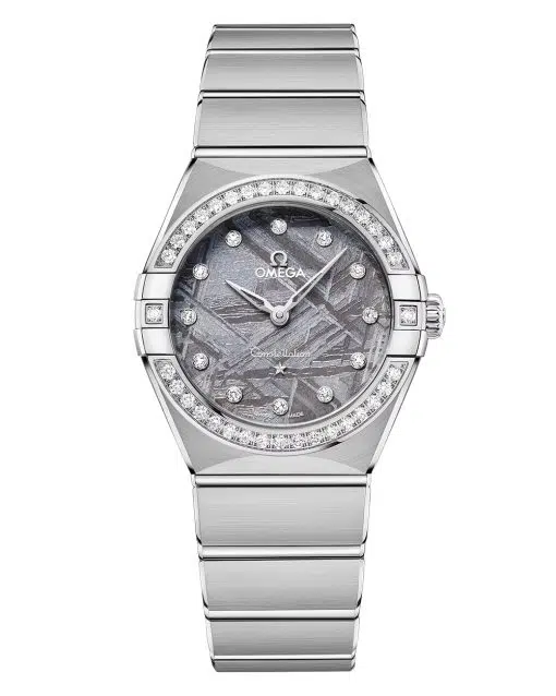 Produktbilde av Omega Constellation 28mm med lavendel urskive på stållenke. Ref. O13115286099001.
