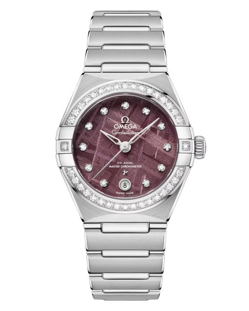 Produktbilde av Omega Constellation 29mm med lilla urskive på stållenke. Ref. O13115292099001.