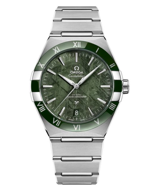 Produktbilde av Omega Constellation 41mm med grønn urskive på stållenke. Ref. O13130412199002.