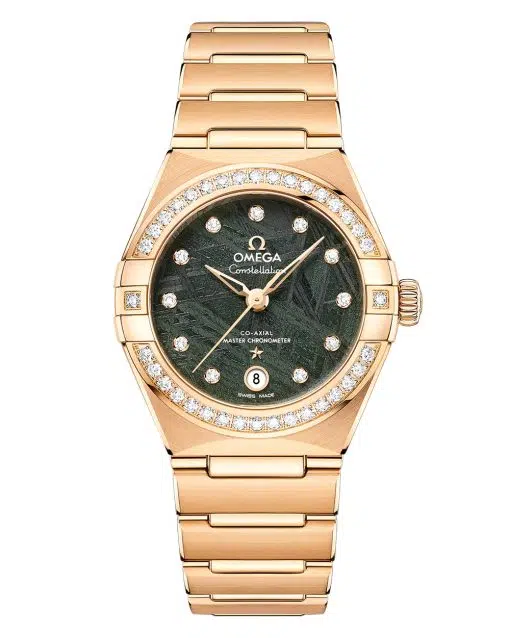 Produktbilde av Omega Constellation Yellow Gold 29mm med grønn urskive på gullenke. Ref. O13155292099005.