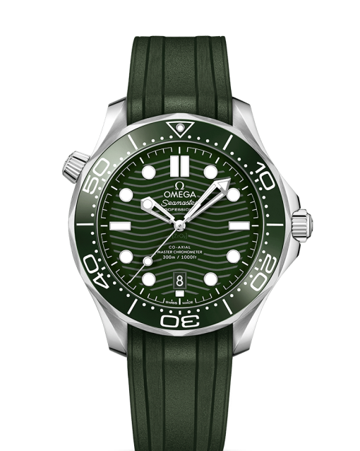 Omega Seamaster Diver 300M Co-Axial Master Chronometer 42MM. Green dial on rubber strap. Reference: 210.32.42.20.10.001